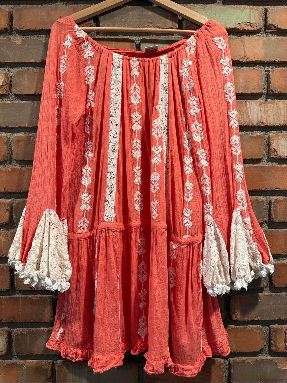 Coral Peasant Tunic with White Embroidered Trim- India